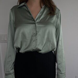 H&M Satin/Silk Sage Green Button Down Blouse - Size Small